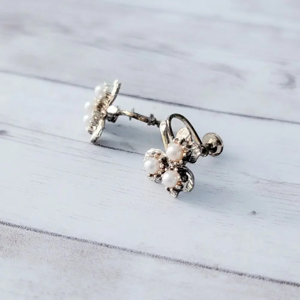 Vintage Vanco Screw On Earrings Shamrock with Faux Pearls